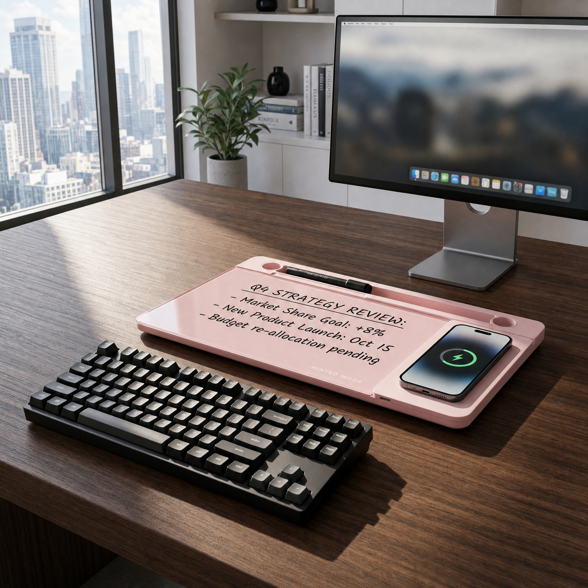 A pink magnetic desktop board with a pen slot, sticky notes, and a phone charging pad, styled on a dark wood desk next to a black keyboard and computer monitor in a modern office setting.