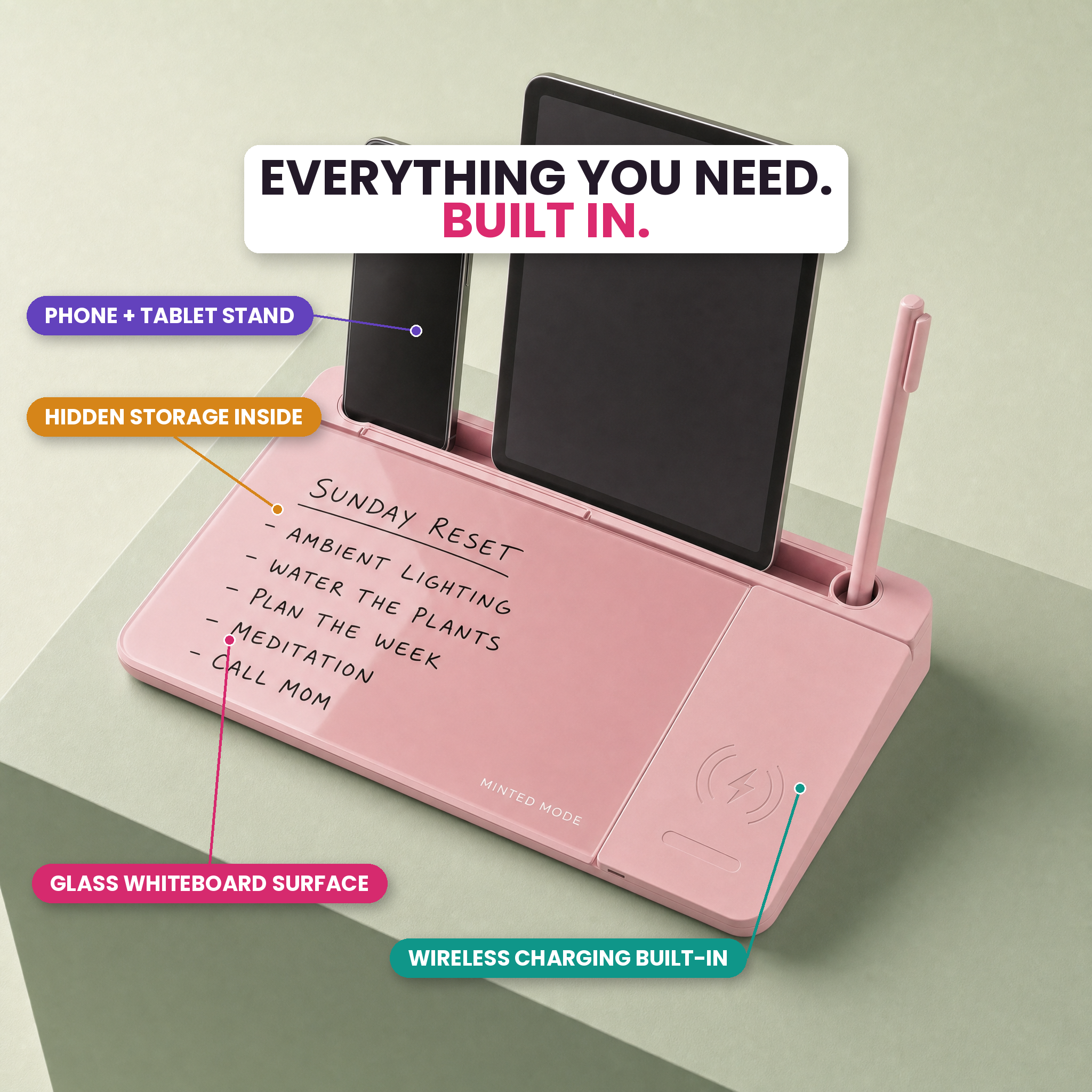 Pink Minted Mode wireless charging desk with a tablet stand, stylus, and glass whiteboard surface, shown on a pale green background with callout labels.