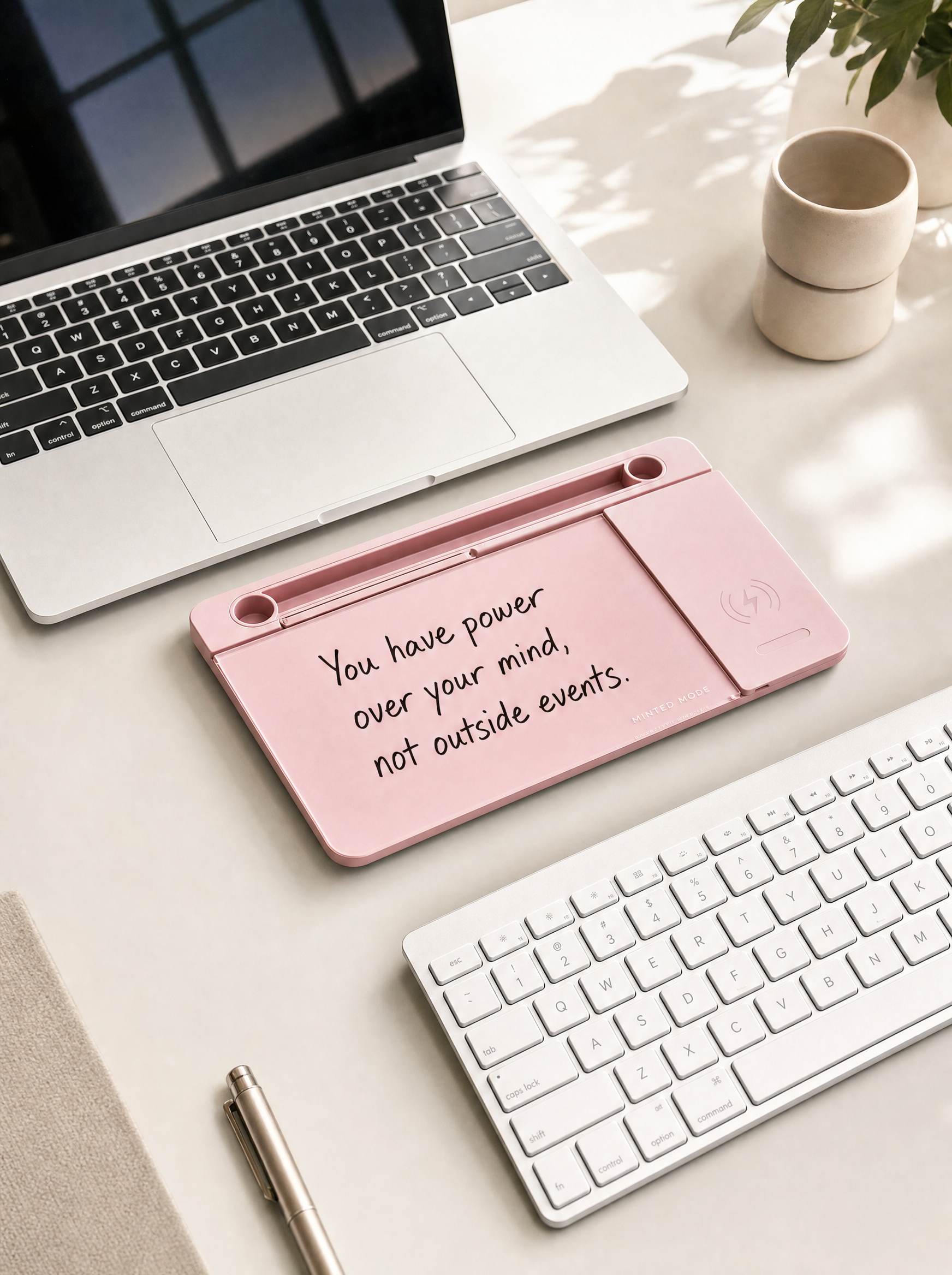 Pink digital notepad with motivational quote on a desk with laptop and keyboard