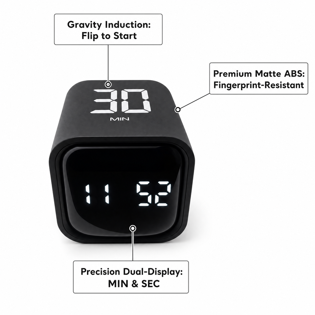 Black digital timer with dual display and gravity induction feature on a white background