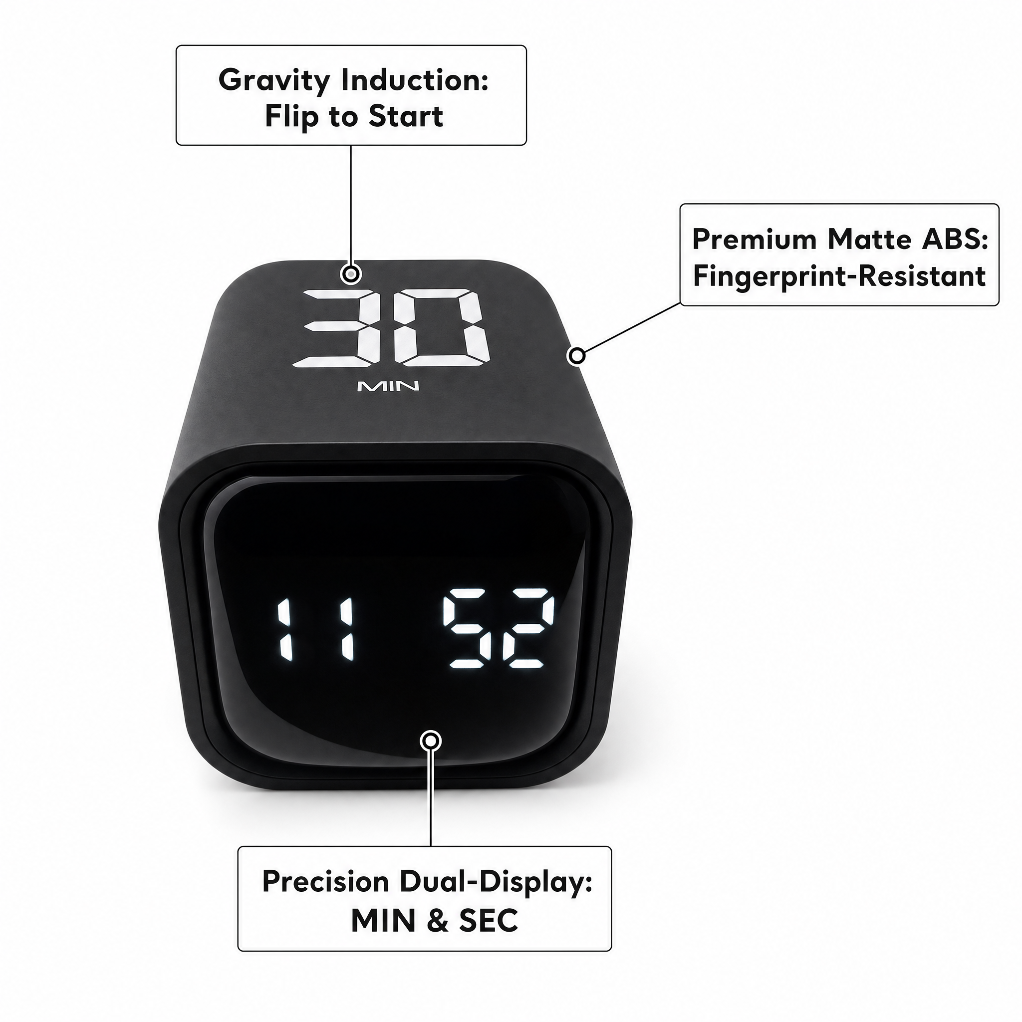 Black digital timer with dual display and gravity induction feature on a white background