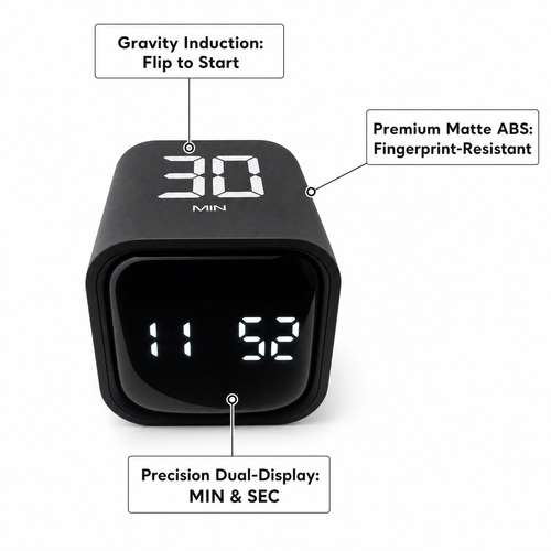 Black digital timer with dual display and gravity induction feature on a white background