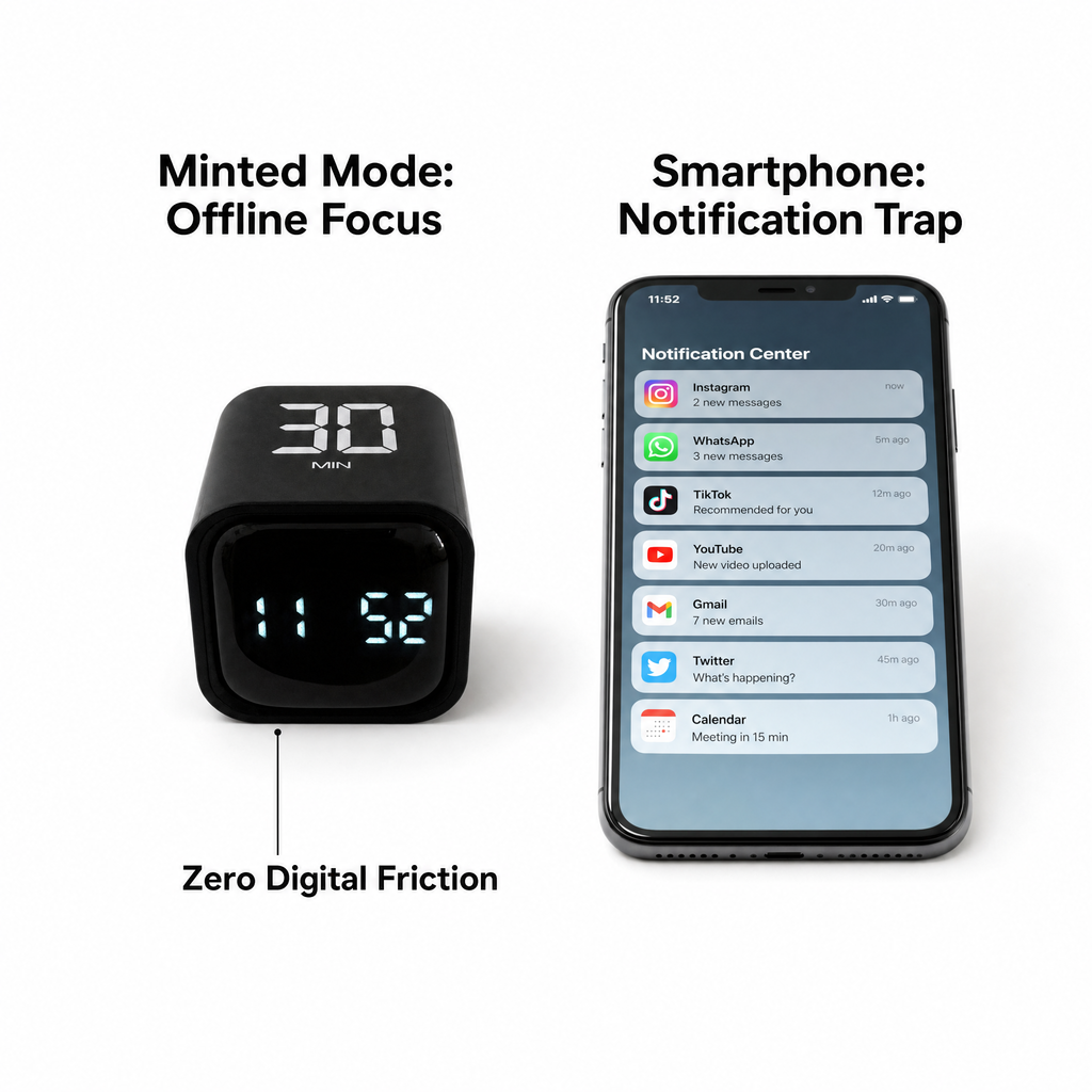 Black digital device with timer display next to a smartphone showing notifications, on a white background.
