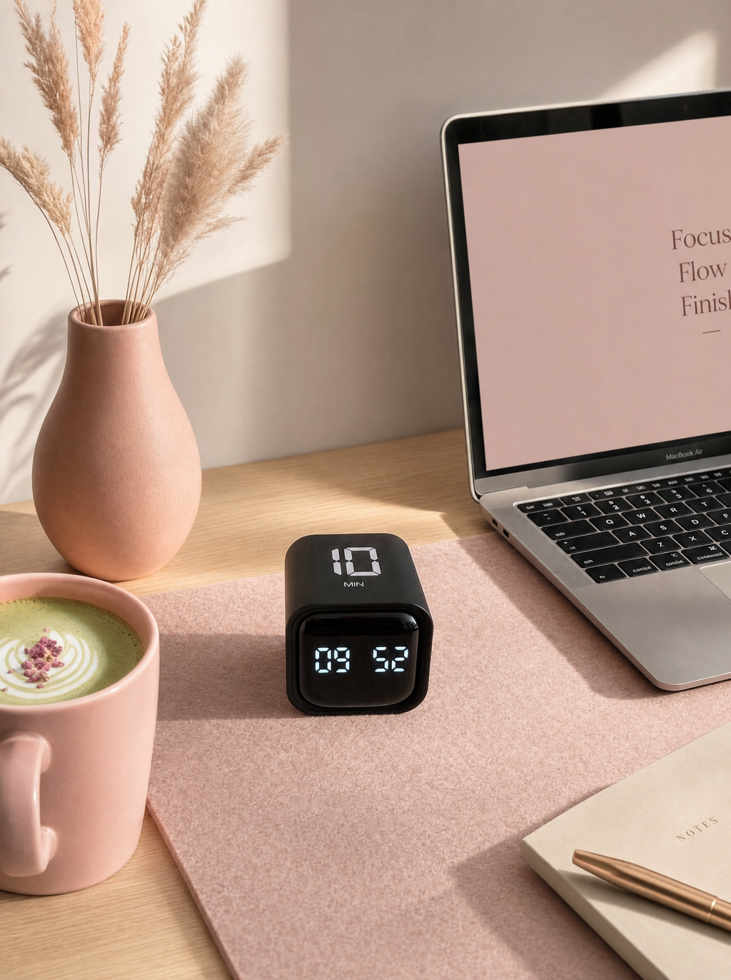 Digital clock on a desk with a laptop, mug, and decorative elements.
