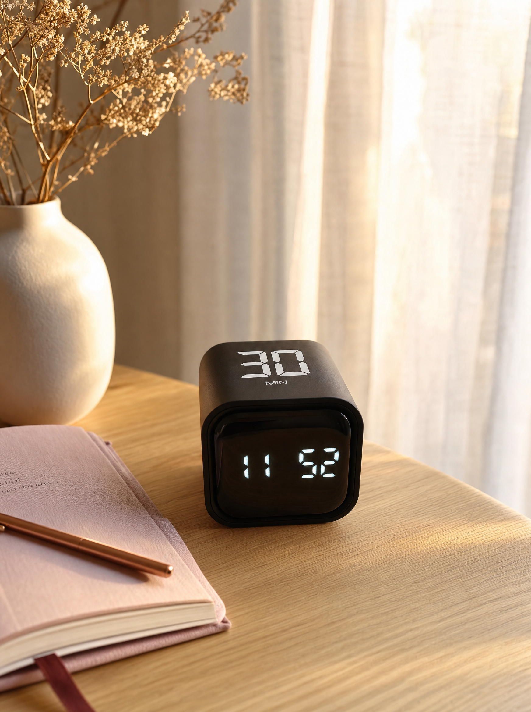 Digital clock on a wooden surface with a vase and notebook in the background