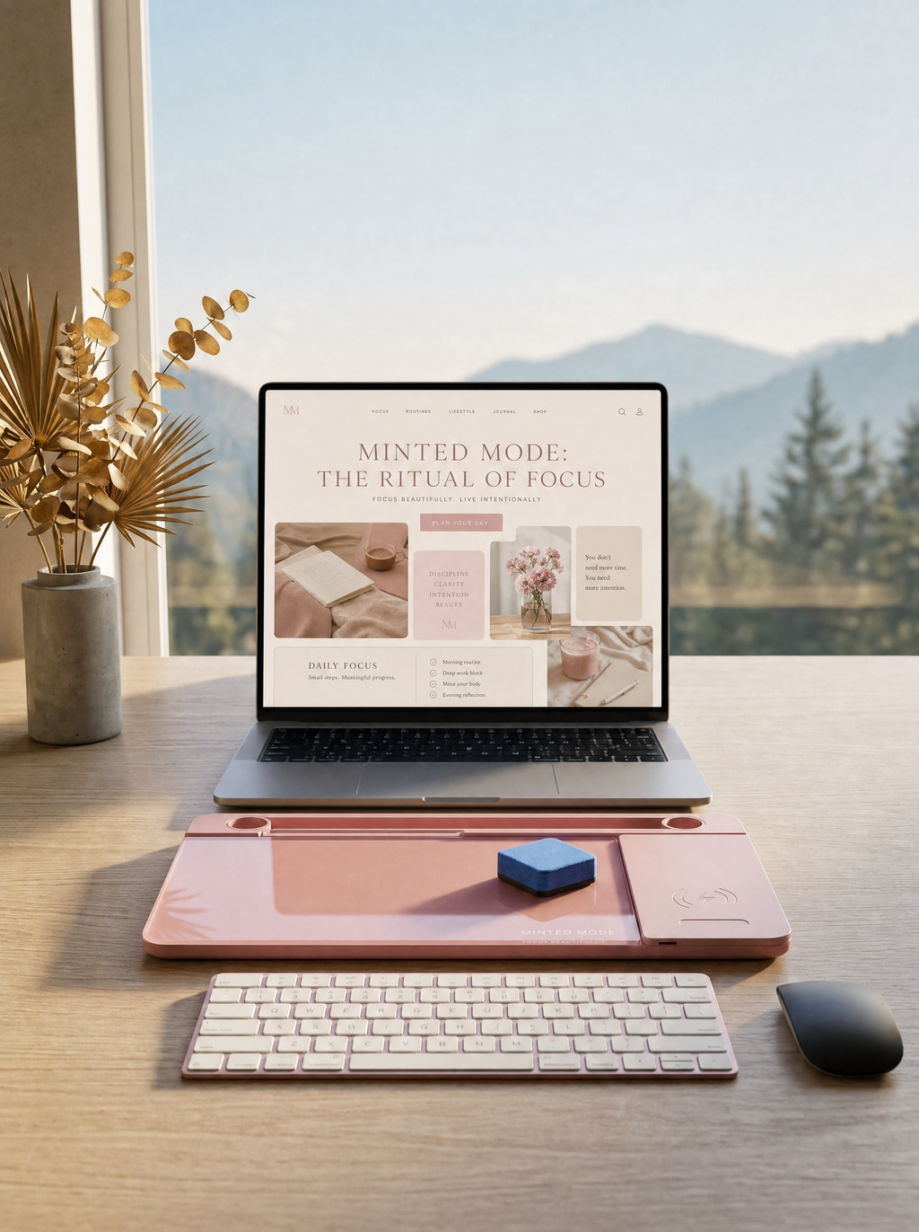 Laptop on a desk with a scenic view outside the window