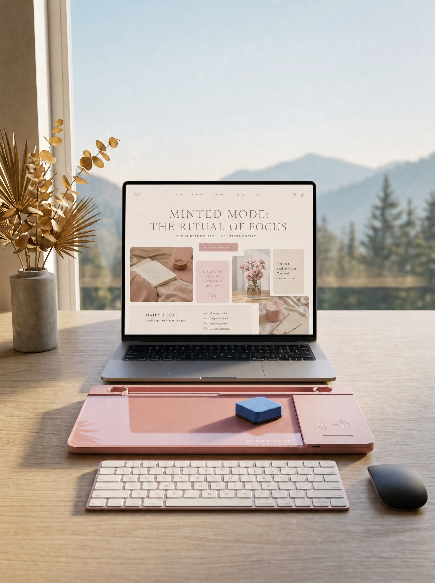 Laptop on a desk with a scenic view outside the window
