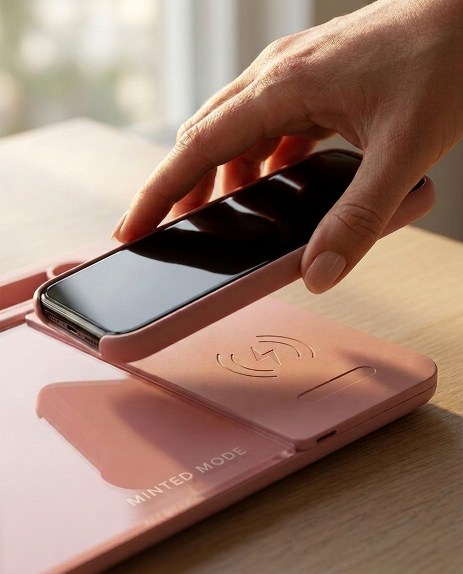 Hand placing a smartphone on a pink stand with 'Limited Mode' text