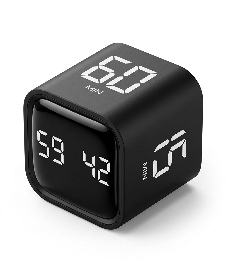 Black digital clock with LED display on a white background