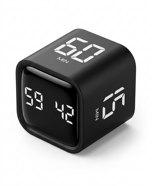 Black digital clock with LED display on a white background